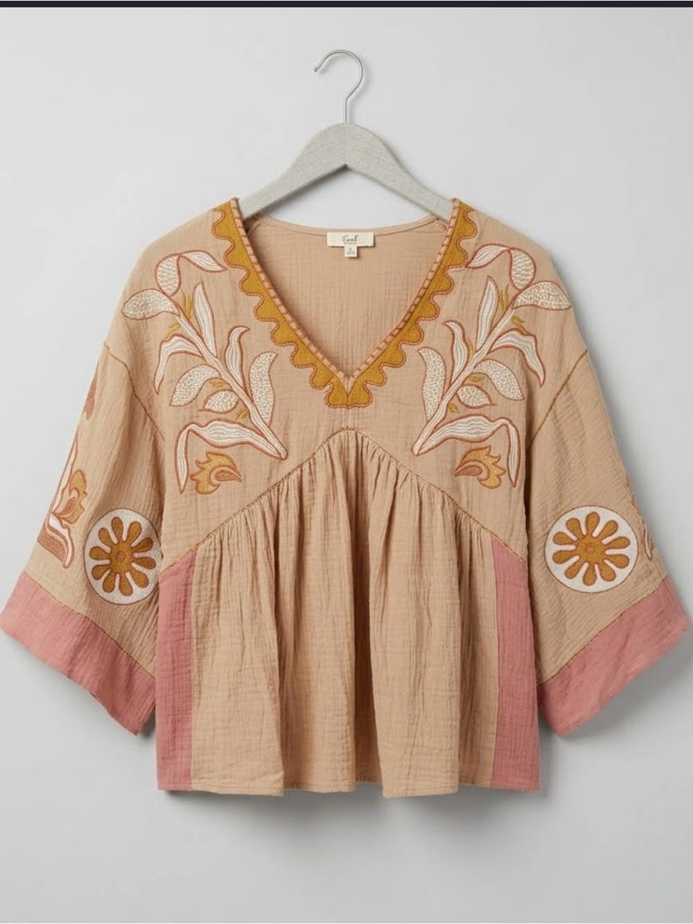 Easel Los Angeles Boho Embroidered Bell Sleeve Top in natural/rose - festival